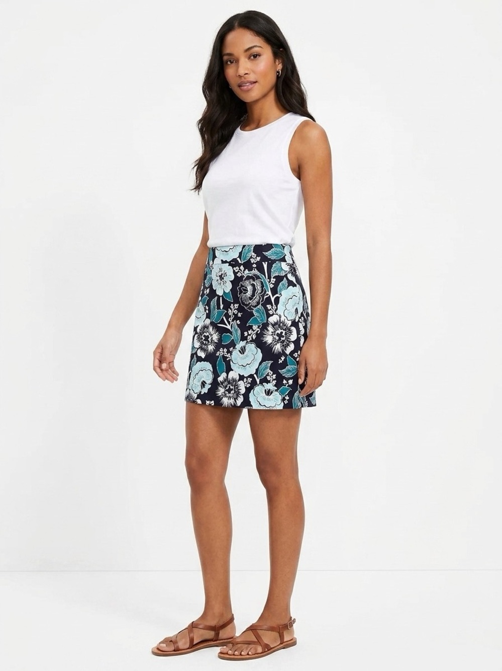 Loft Floral Print A-Line Mini Skirt in Navy and Teal Sz 6 Cotton Euro-Summer